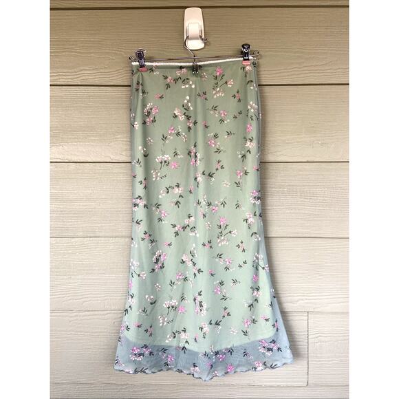 SHEIN Dresses & Skirts - Shein Green Mesh Overlay Pink Floral Flower Cottagecore Midi Skirt Petite XS